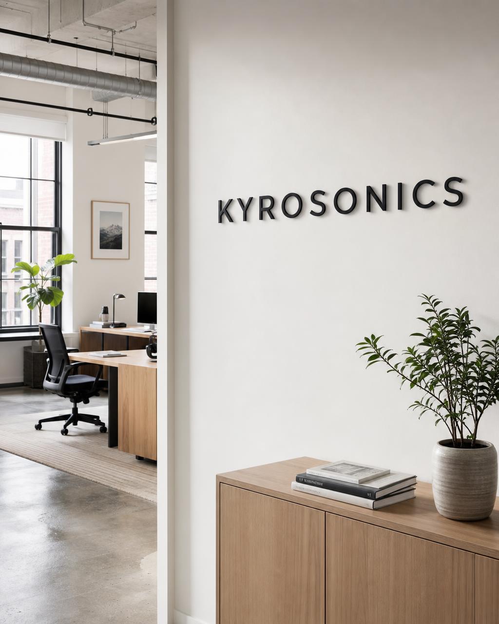 Kyrosonics office interior with the company logo on the wall